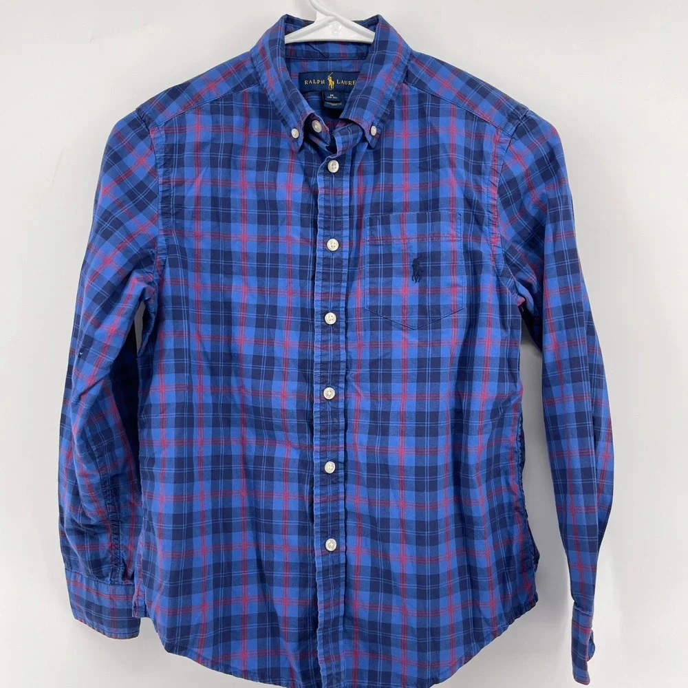 Ralph Lauren Plaid Button Down‎ Shirt Long Sleeve Cotton Blue Red Kids M